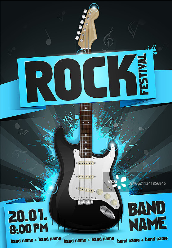 带有吉他的摇滚音乐节宣传单设计模板图片素材