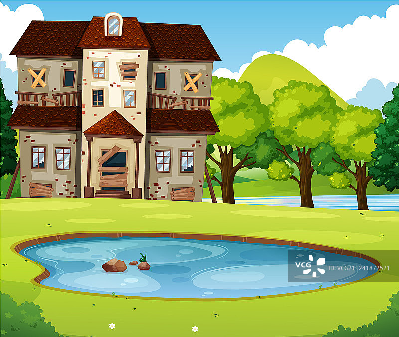 带有草坪和池塘的老砖房图片素材