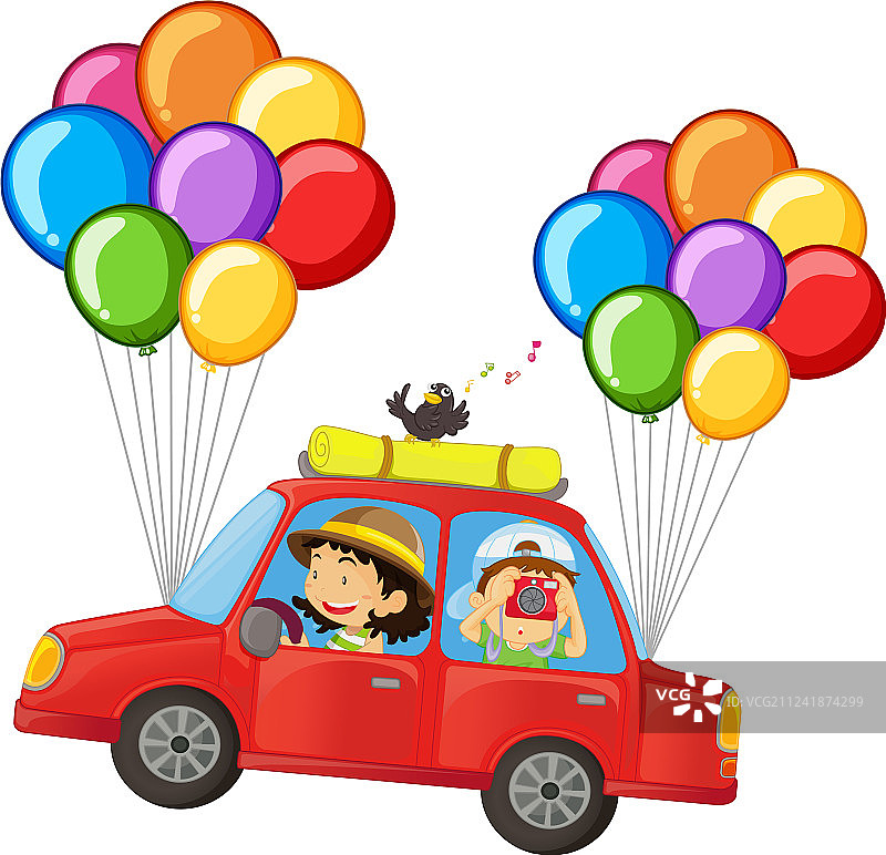 孩子们坐在系着彩色气球的车里图片素材