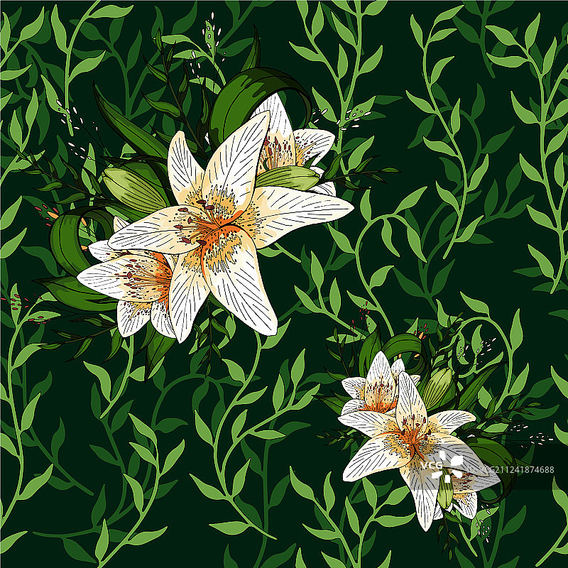 蔓延绿色叶子的莉安娜和百合花图片素材