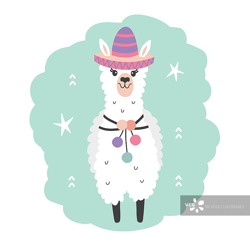 手绘戴墨西哥帽的卡通美洲驼图片素材