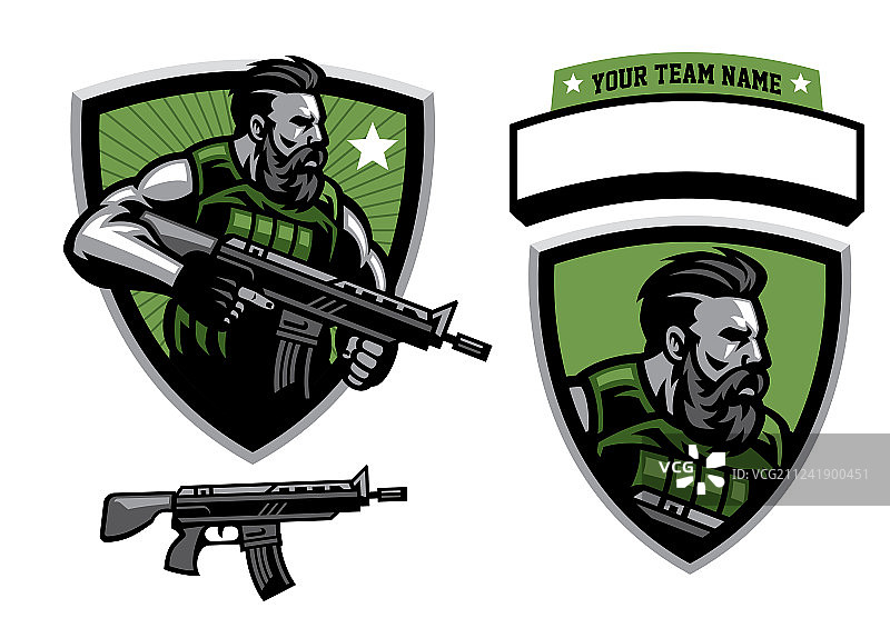 手持突击步枪的络腮胡士兵吉祥物图片素材