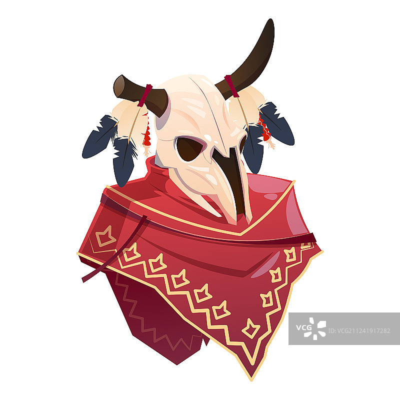 白色背景上的卡通水牛头骨印第安服装图片素材