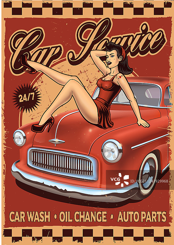 带有女孩和老爷车的海报图片素材