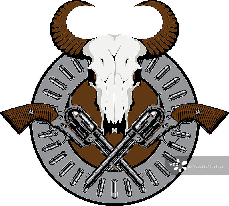 双旧左轮手枪子弹和骷髅徽标图片素材