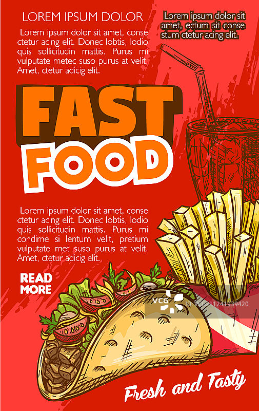 快餐玉米饼或炸薯条素描菜单图片素材