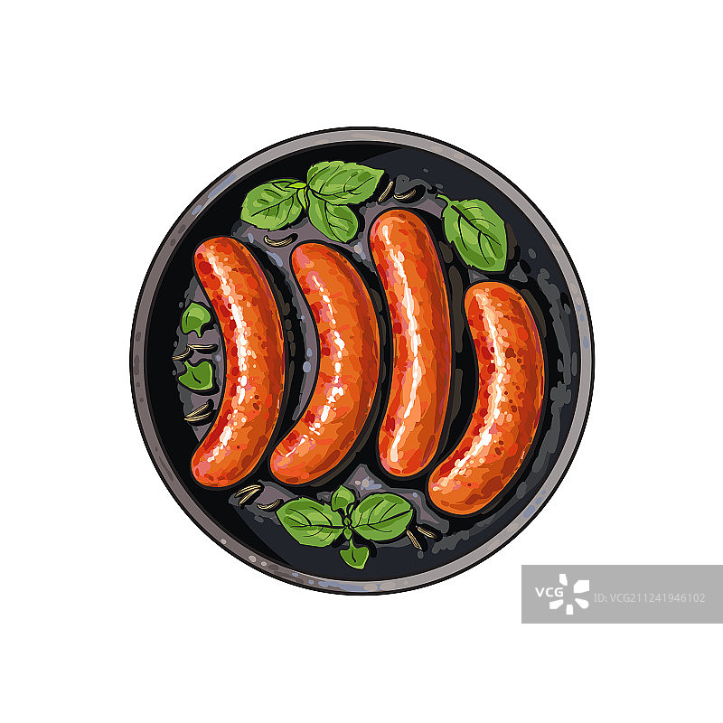 煎锅上四个烤香肠的顶部视图图片素材