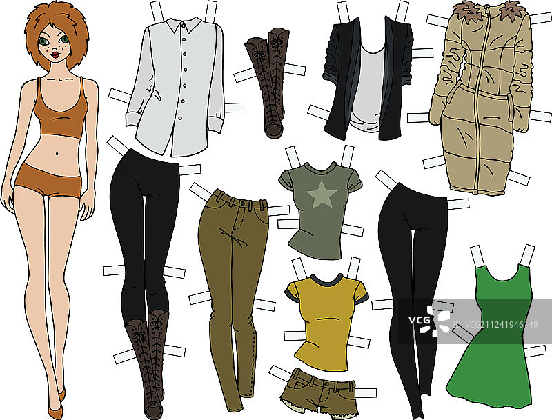 带剪裁衣服的红发纸娃娃图片素材