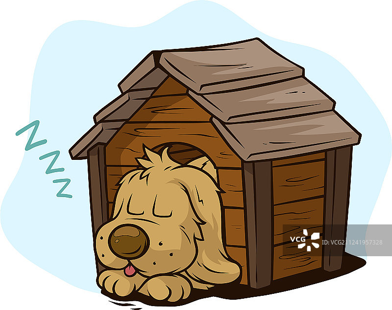 卡通可爱小狗在木制狗窝里睡觉图片素材