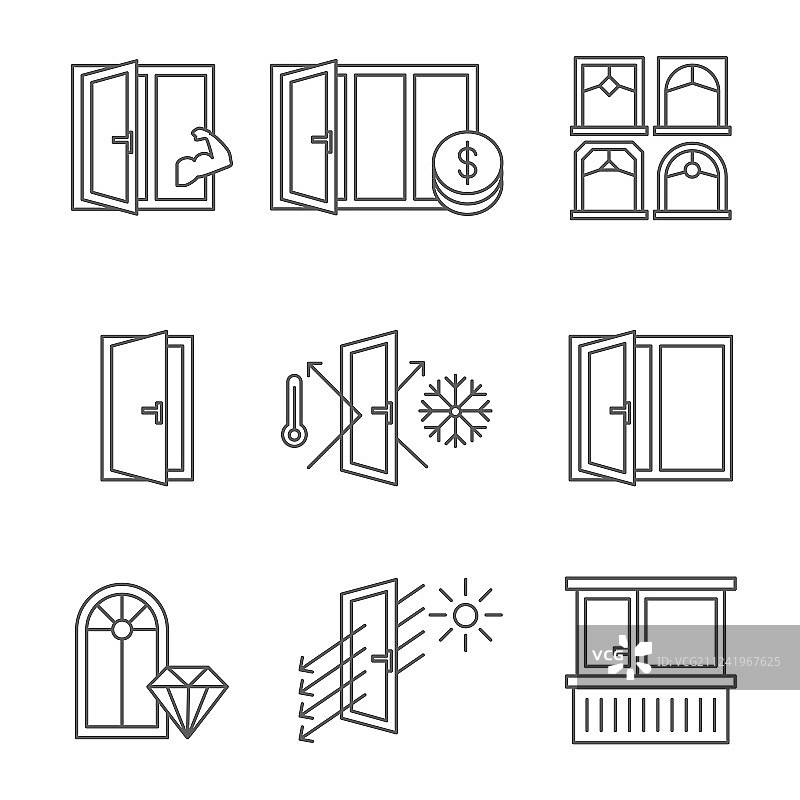 带门和阳台线条的窗户图标集图片素材