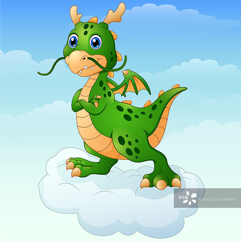 可爱的卡通绿龙在云上摆姿势图片素材