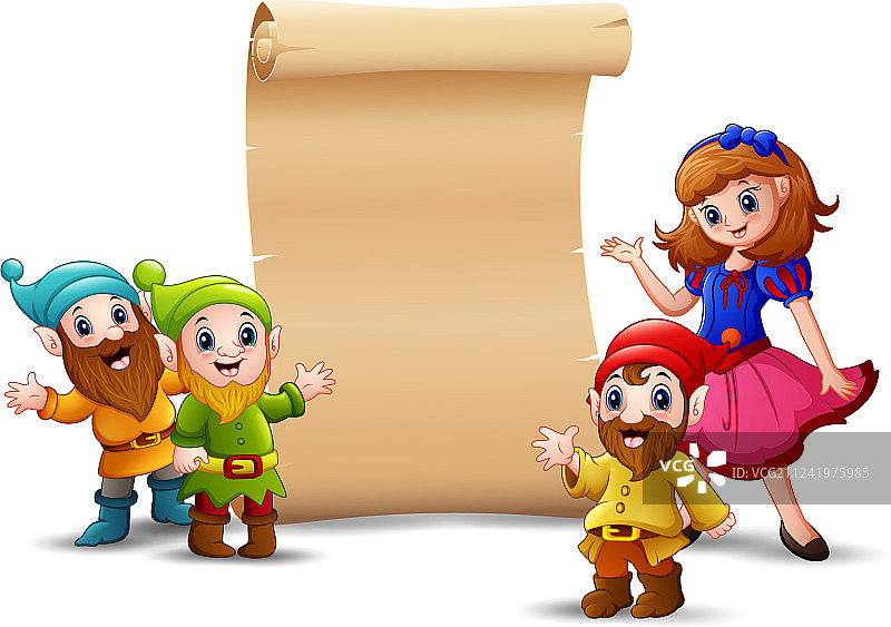 白雪公主与矮人及空白纸张标志图片素材