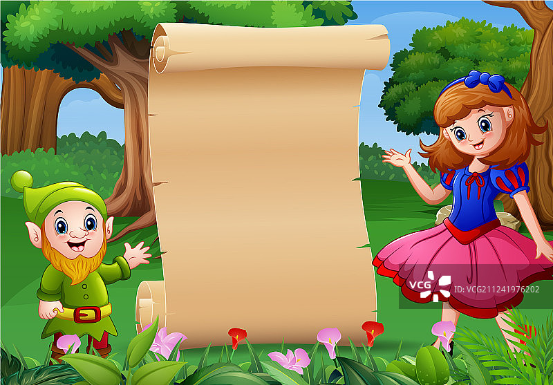 白雪公主与矮人及空白纸张标志图片素材