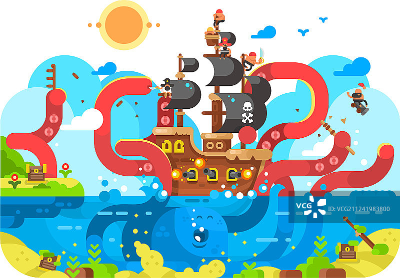 海怪袭击沉船扁平设计图片素材