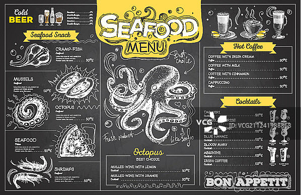复古粉笔画海鲜菜单设计图片素材