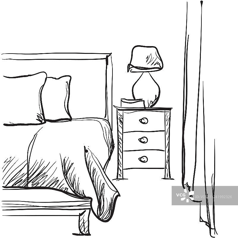 手绘家具卧室内景草图图片素材