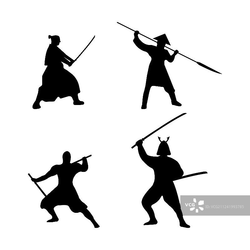 白色背景上的武士剪影集合图片素材