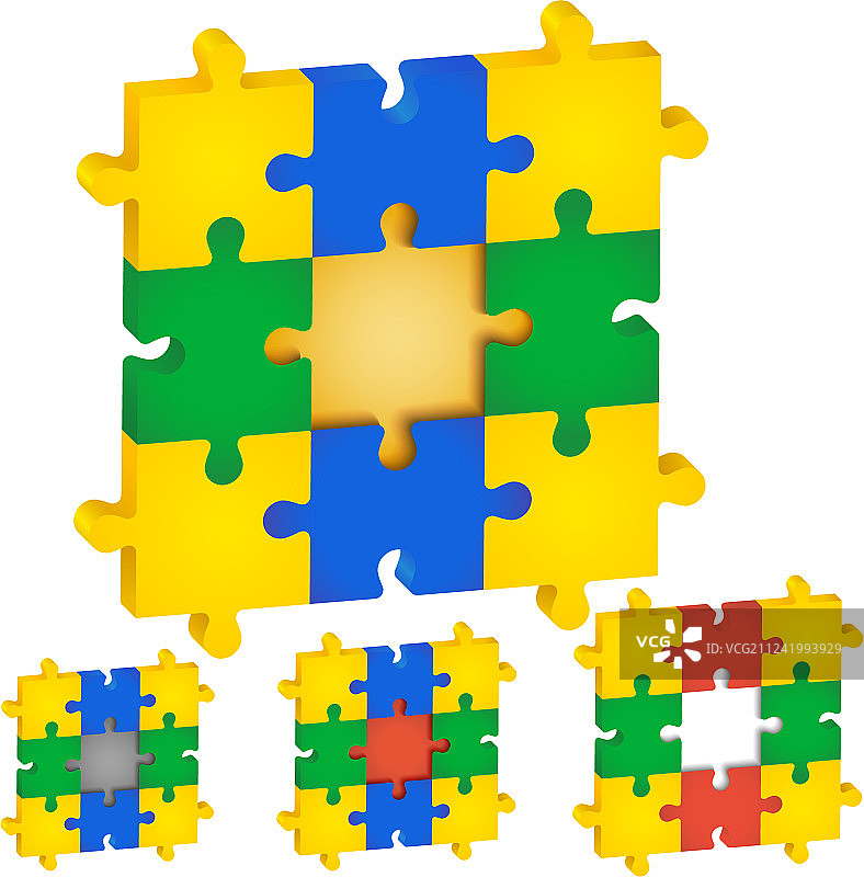 一组不同颜色的拼图，中间图片素材