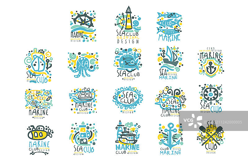 用于游艇俱乐部航海标签设计的航海俱乐部套装图片素材