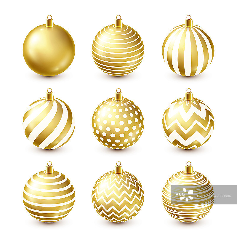 闪亮金色圣诞树新年装饰套装图片素材