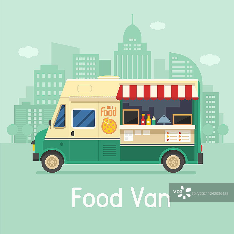 城市背景中的复古餐车图片素材