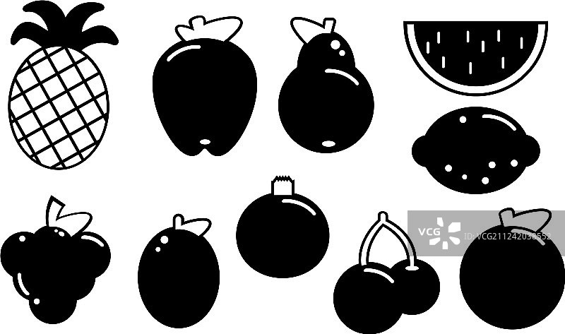 白色背景上的各种水果黑色轮廓套装图片素材
