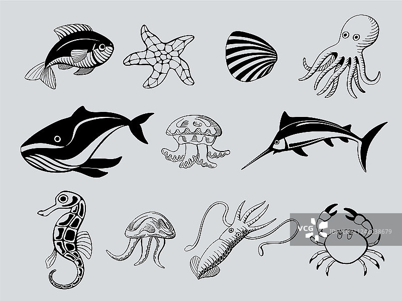 水生动物墨水图标合集图片素材