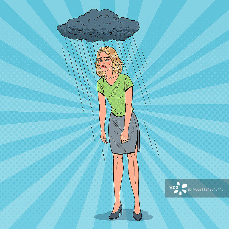 波普艺术风格的雨中沮丧年轻女人图片素材