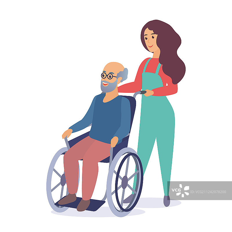 年轻女社工与老人散步图片素材