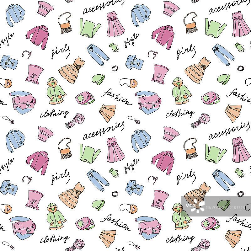 女孩服装和字母涂鸦无缝图案图片素材