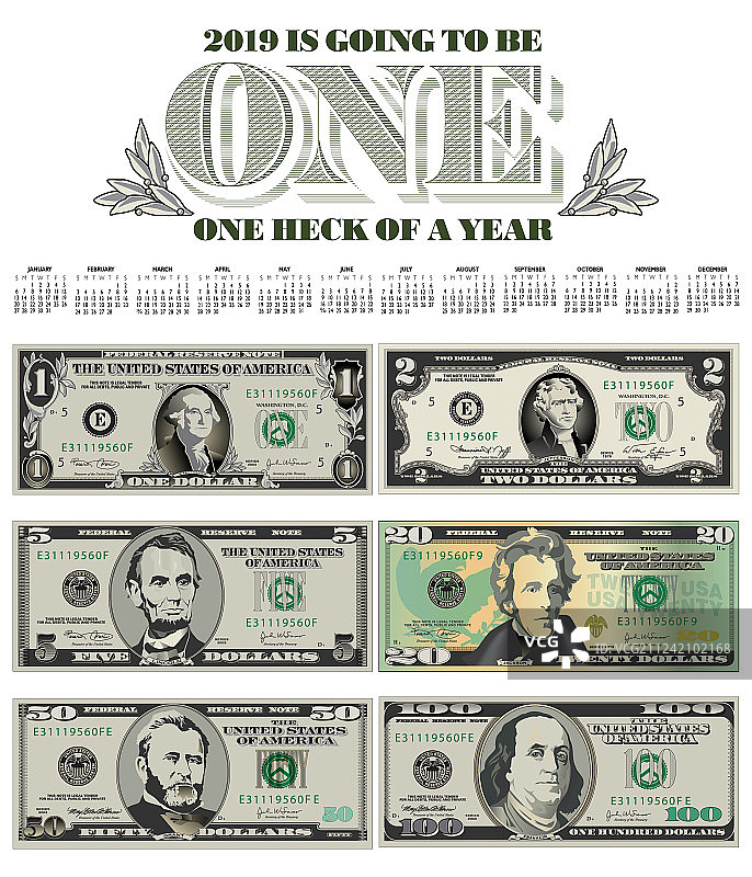 引人注目的2019年日历与六张钞票图片素材