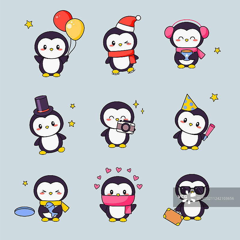 可爱企鹅卡通剪贴画贴纸套装图片素材
