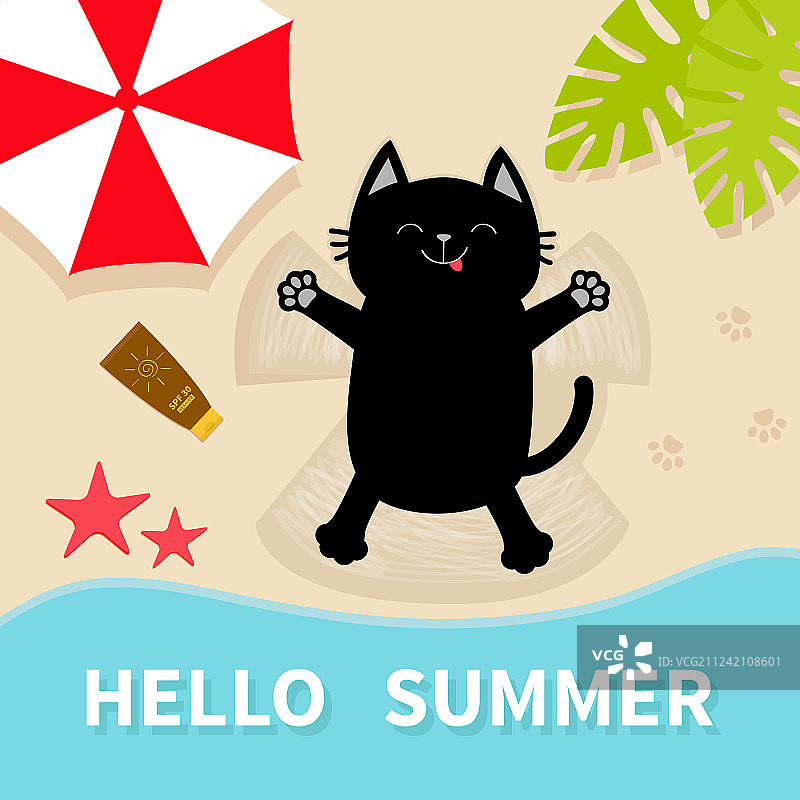 在沙滩上晒日光浴的黑猫图片素材