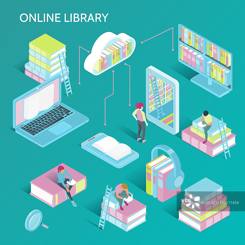在线图书馆2.5D素材图片素材