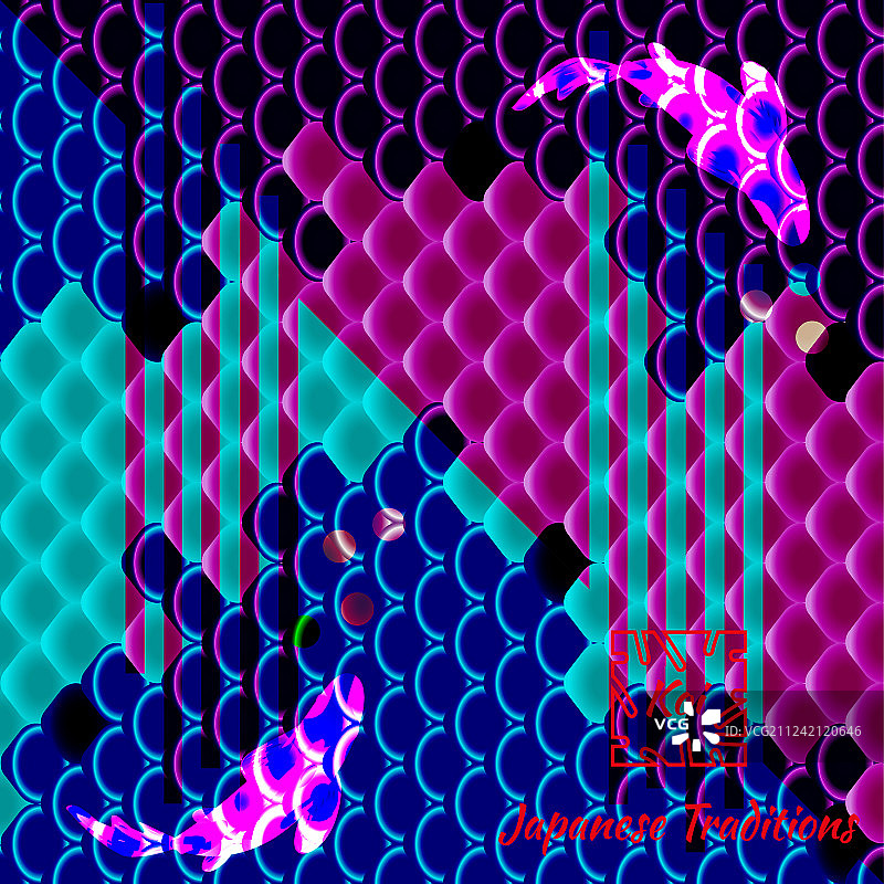 以日本图案为背景的鱼群图片素材