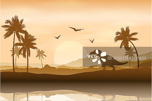 河岸背景下的恐龙轮廓图片素材