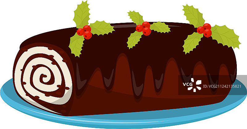 用红色浆果装饰的巧克力卷蛋糕图片素材