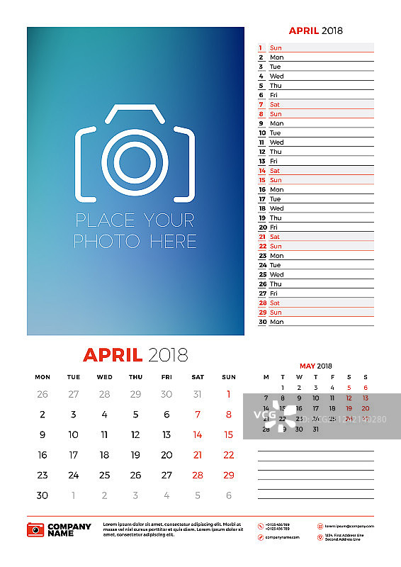 2018年4月日历计划模板图片素材
