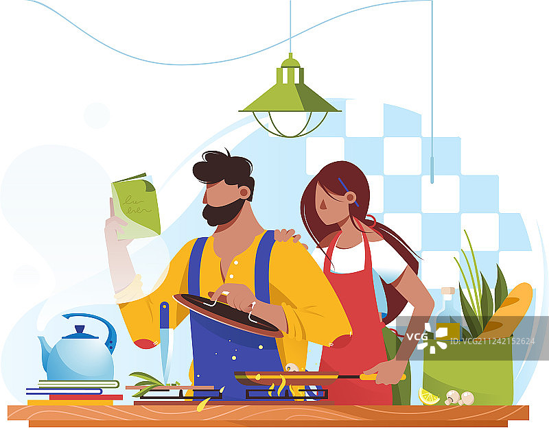 年轻男人和女人一起做饭图片素材