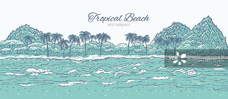 海浪冲刷的热带沙滩岛屿与棕榈树图片素材