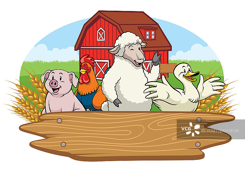 农场院子里快乐的动物与空白木板图片素材