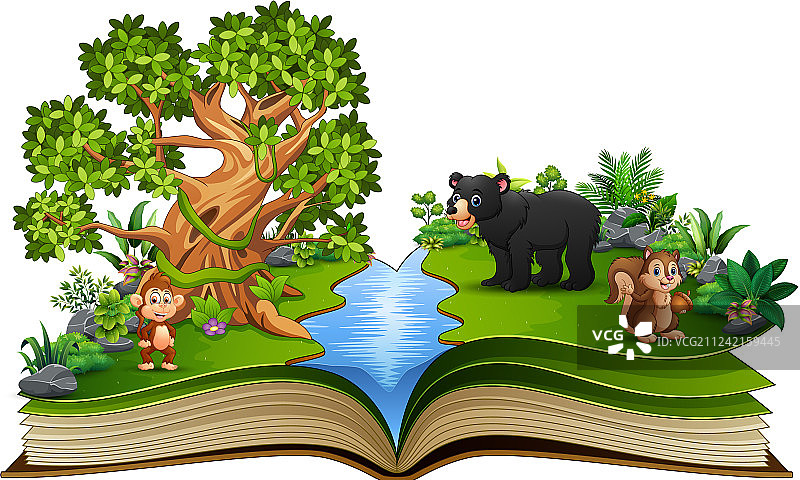 翻开的书与玩耍的卡通动物图片素材