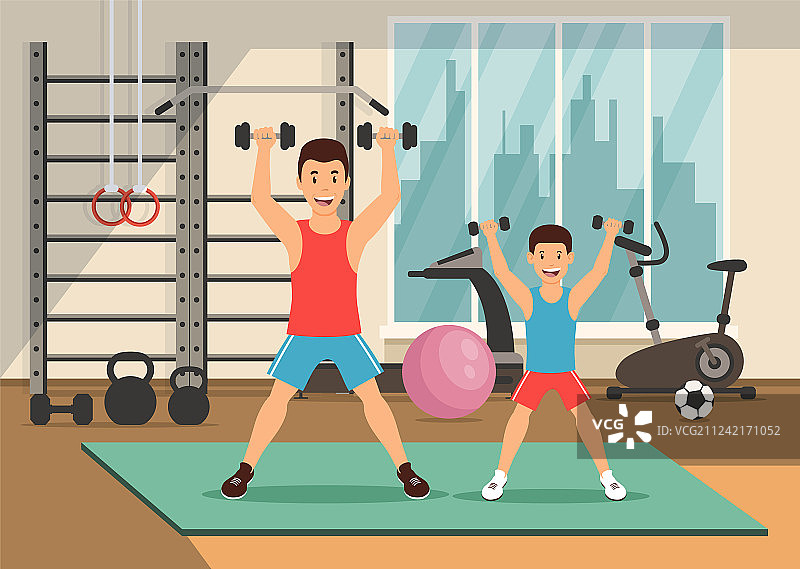 卡通父子一起做运动图片素材
