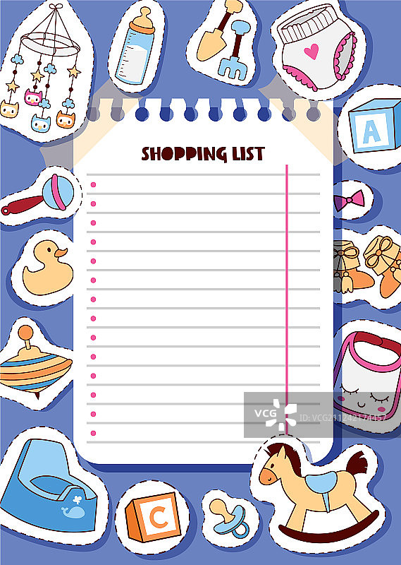 婴儿购物清单卡通玩具贴纸图片素材