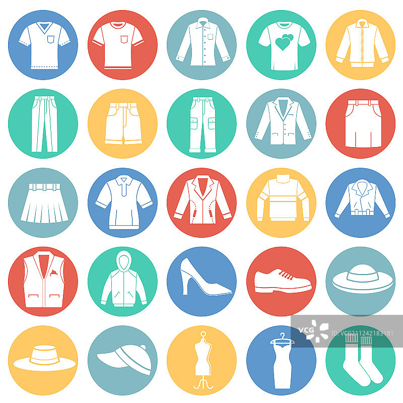 彩色圆圈上的服装图标集白色图片素材
