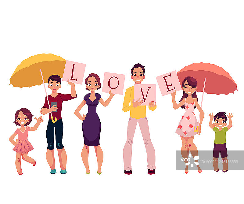 家庭成员举着写有“爱”字的字母图片素材