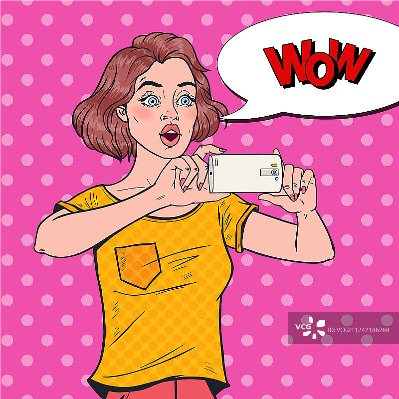 用智能手机制作视频的震惊女人波普艺术图片素材