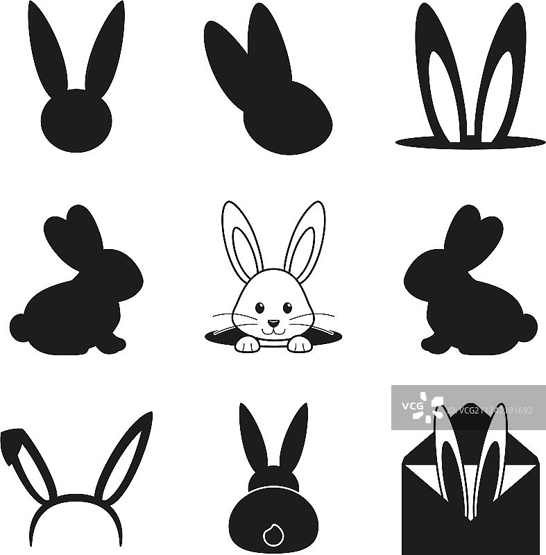 黑白复活节兔子轮廓合集图片素材