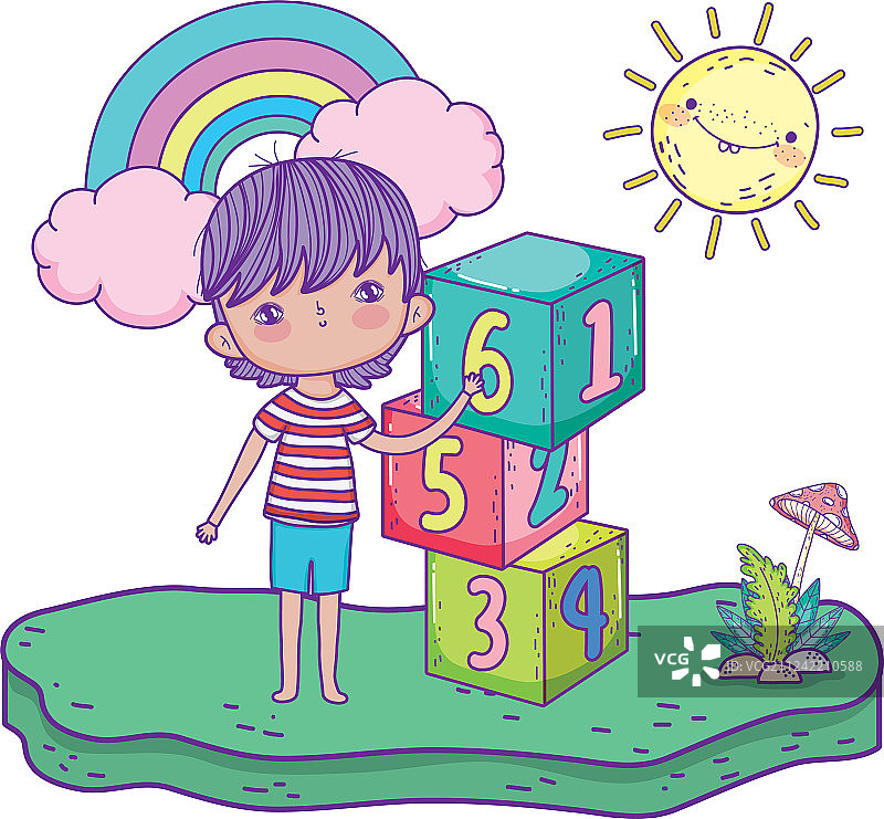 小男孩在球场上用积木编号图片素材