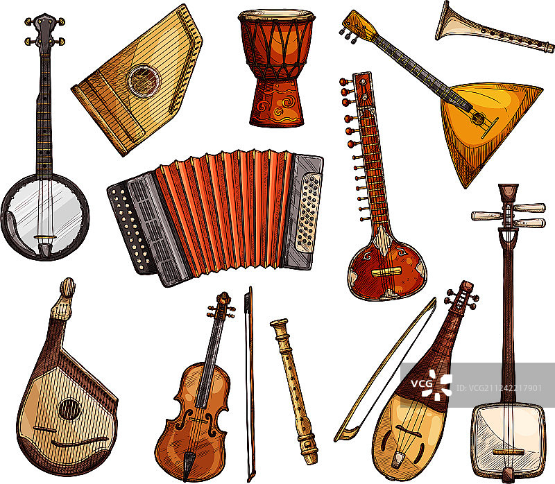 民族乐器素描图片素材